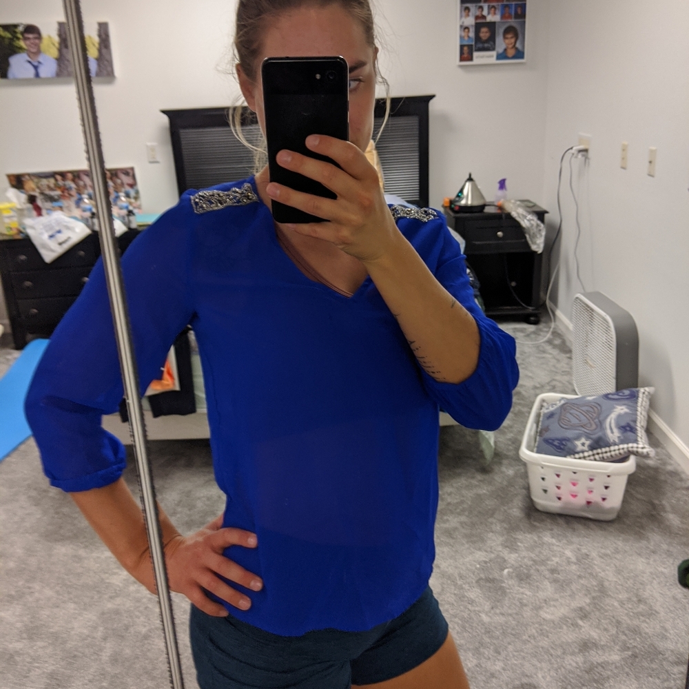 Blue sheer blouse with gems on shoulder